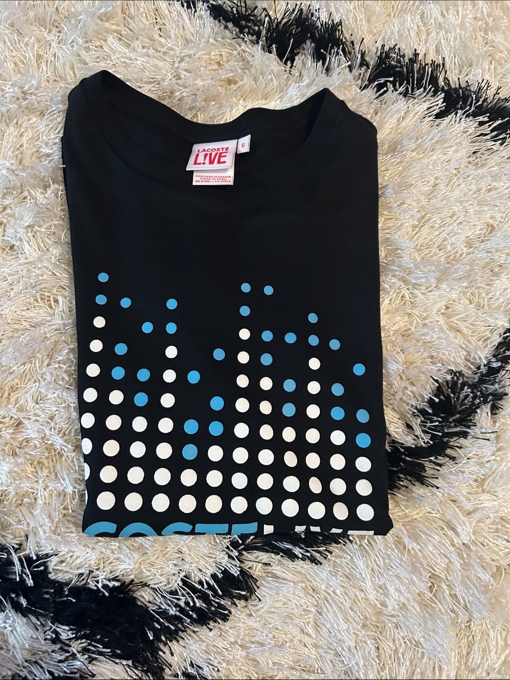 Lacoste Black Tee with Blue and White Dot Graphic